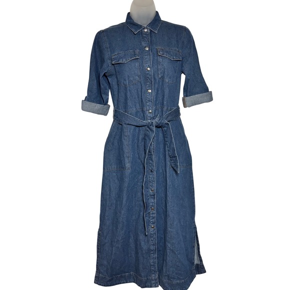 Friends Like These Denim Belted Midi Shirtdress Medium Wash Sz 4 Utility Rodeo - Picture 2 of 9